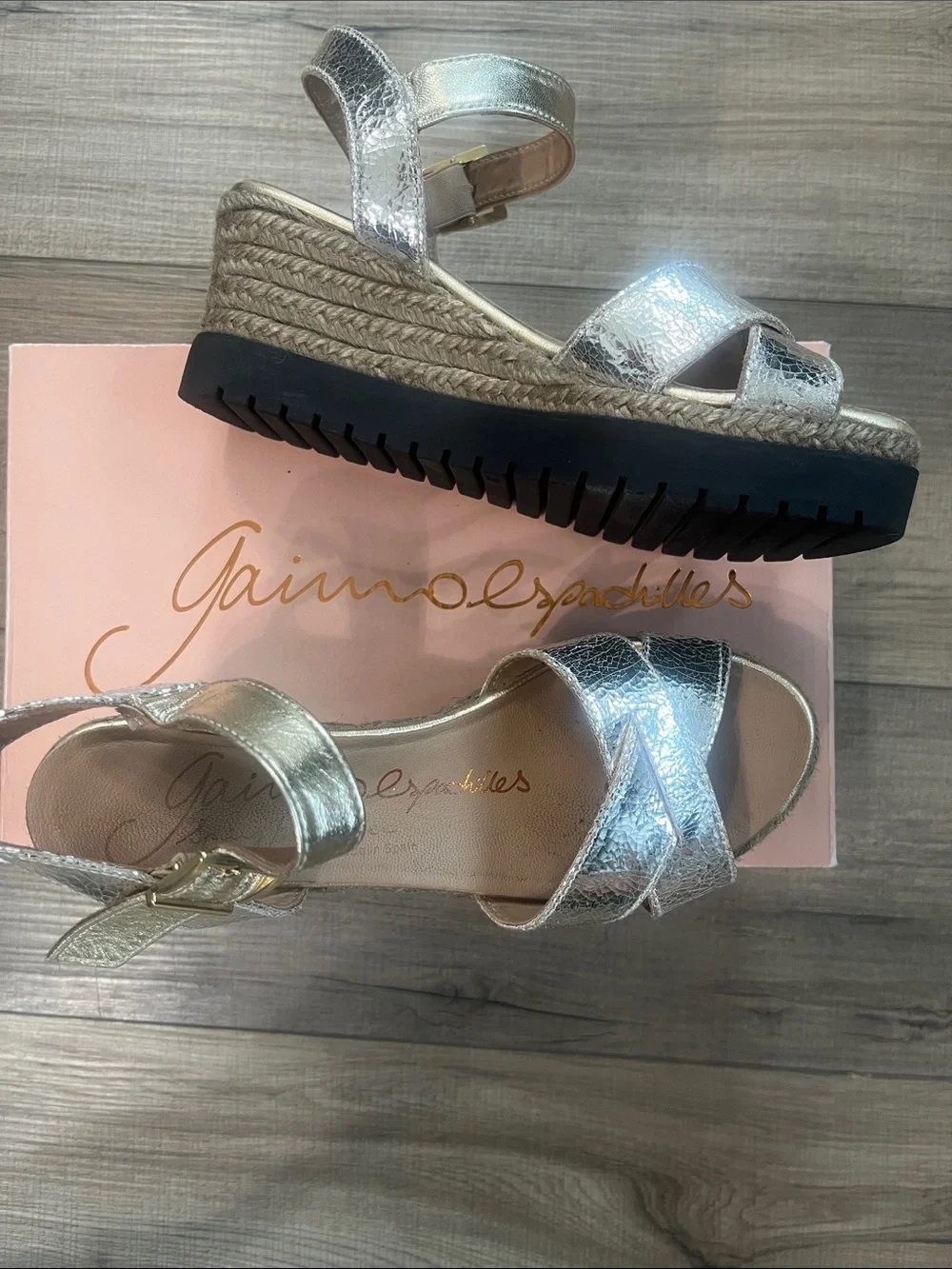 Silver Leather Espadrille Wedge Sandals - Metallic Silver